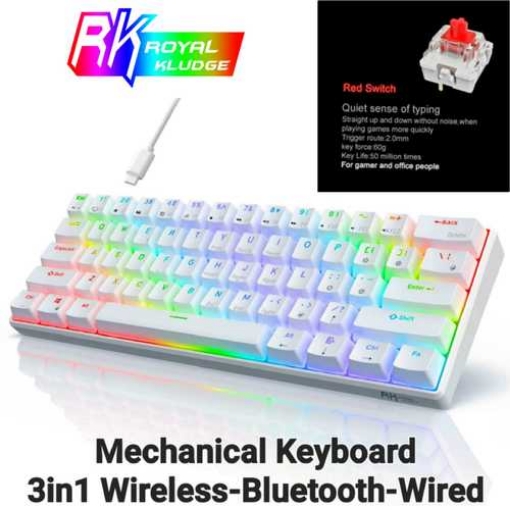 תמונה של מקלדת מכנית 60%, RK ROYAL KLUDGE RK61 3IN1 WHITE - RED SWITCH