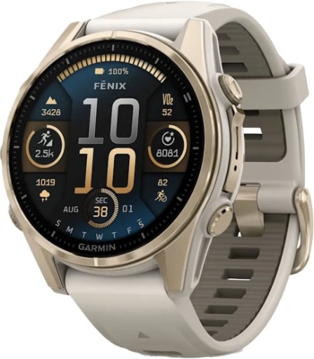 תמונה של שעון חכם Garmin – Fenix 8 AMOLED Sapphire 43mm Soft Gold with Fog Gray/Dark Sandstone
