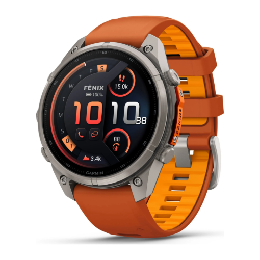 תמונה של שעון ספורט חכם GARMIN fēnix 9 Pro inReach בגודל 47 מ”מ בצבע טיטניום כתום סתיו עם רצועה כתומה – יבואן רשמי